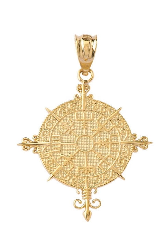 Solid Gold Ancient Viking Compass Pendant Necklace (10K Yellow Gold, Pendant Only)