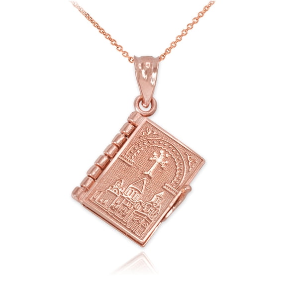 Solid Gold Armenian Christian Open Holy Bible (14K Rose Gold, Pendant with 18" chain)