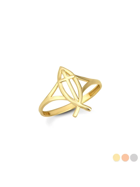 Solid Gold Christian Fish Cross Ichthys Ring (10K Yellow Gold,Size 9)