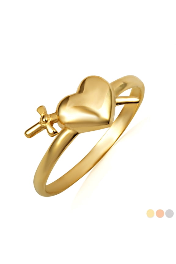 Solid Gold Cross Sword 14K Heart Ring / Ring, Size 9