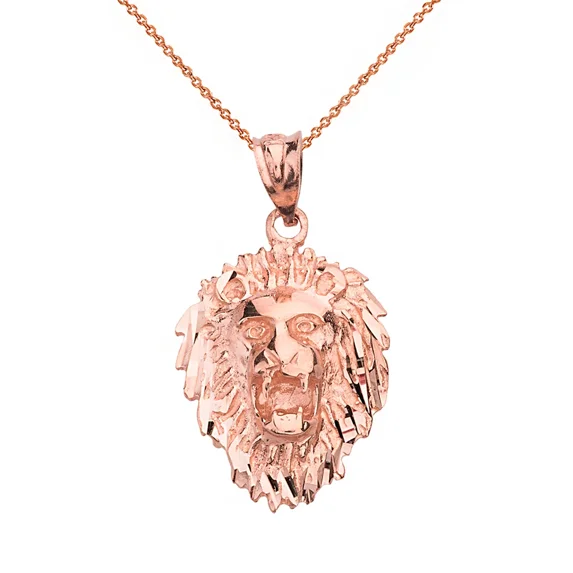 Solid Gold Diamond Cut Roaring Lion Head (14K Rose Gold, Pendant with 18" chain)