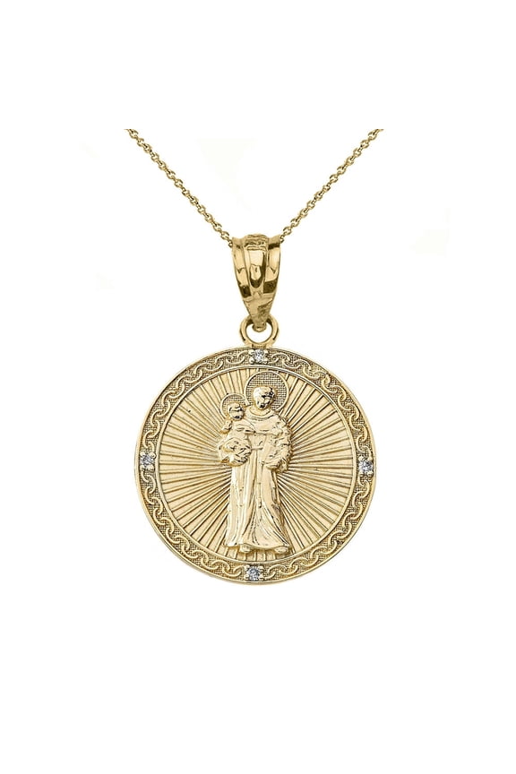 Solid Gold Diamond Saint Anthony Pray For Us Circle Pendant Necklace 1.06"(14K Yellow Gold, Pendant with 18" chain)