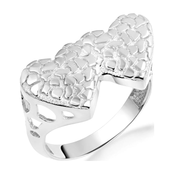 Solid Gold Double Heart Nugget Ring (14K White Gold,Size 10.5)