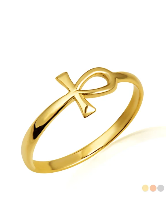 Solid Gold Egyptian Ankh Cross Band Ring (14K Yellow Gold,Size 9)