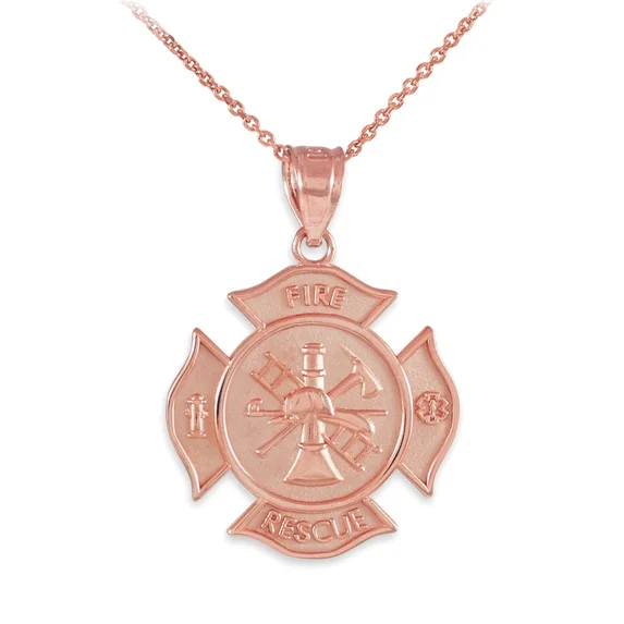 Solid Gold Fire Department Firefighter Badge (10K Rose Gold, Pendant with 22" chain)