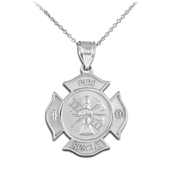 Solid Gold Fire Department Firefighter Badge (10K White Gold, Pendant with 18" chain)