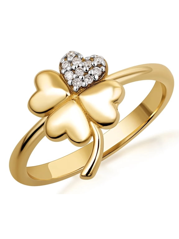 Solid Gold Lab Grown Diamond 4 Leaf Lucky Heart Clover Ring (10K, Size 12)