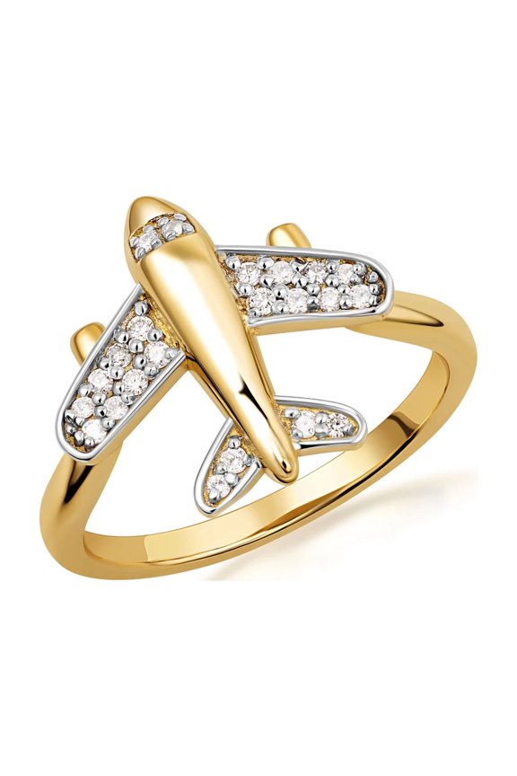 Solid Gold Lab Grown Diamond Aviator Airplane Ring (10K Yellow Gold,Size 6)