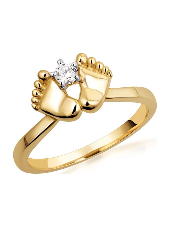 Solid Gold Lab Grown Diamond Tiny Feet Footprint Ring (10K Yellow Gold,Size 6)