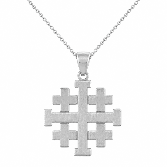 Solid Gold Matte Jerusalem "Crusaders" Cross (10K White Gold, Pendant with 22" chain)