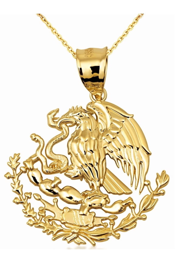 Solid Gold Mexican Eagle Pendant Necklace (1.28") (14K Yellow Gold, Pendant with 18" chain)