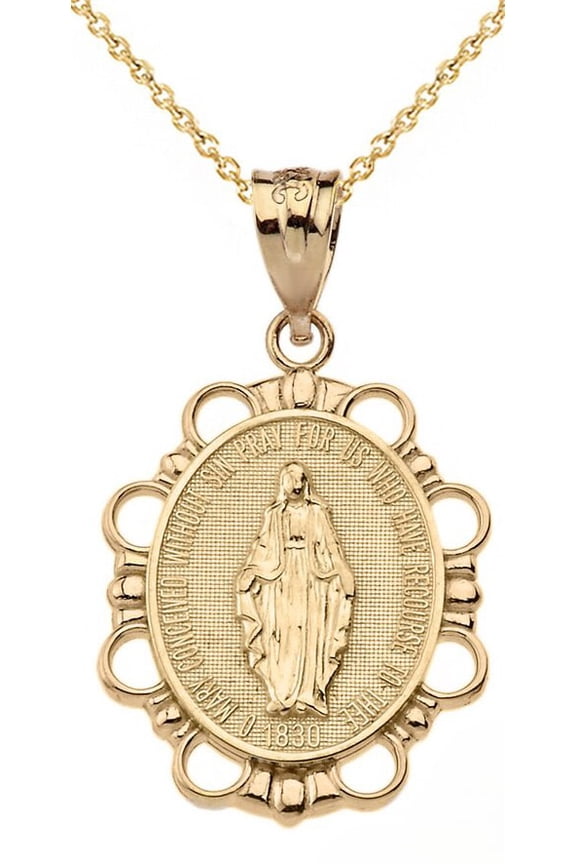 Solid Gold Miraculous Medal of Our Lady of Graces Pendant Necklace (Small) (14K Yellow Gold, Pendant with 20" chain)
