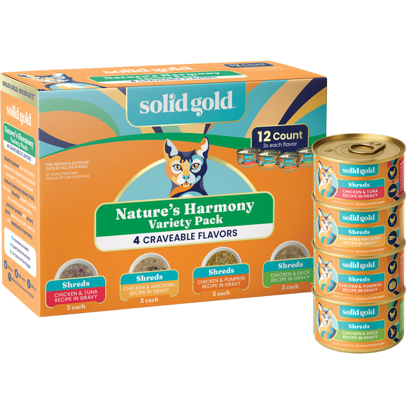 Solid Gold Nature's Harmony Variety Pack Grain-Free Shreds in Gravy Wet Cat Food, Case of 12 - 3oz cans