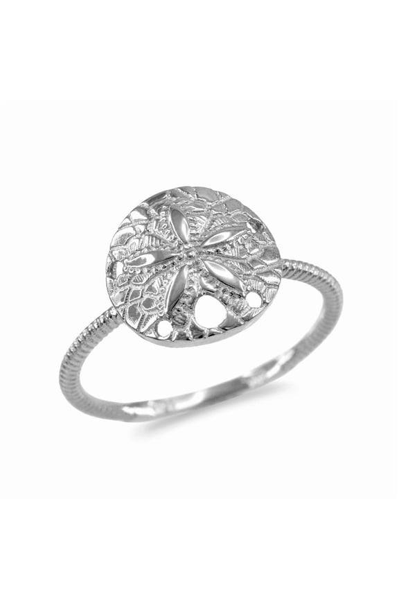 Solid Gold Ocean Sand Dollar Beach Rope Band Ring (10K White Gold,Size 6)