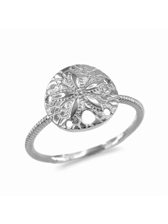 Solid Gold Ocean Sand Dollar Beach Rope Band Ring (10K White Gold,Size 6)