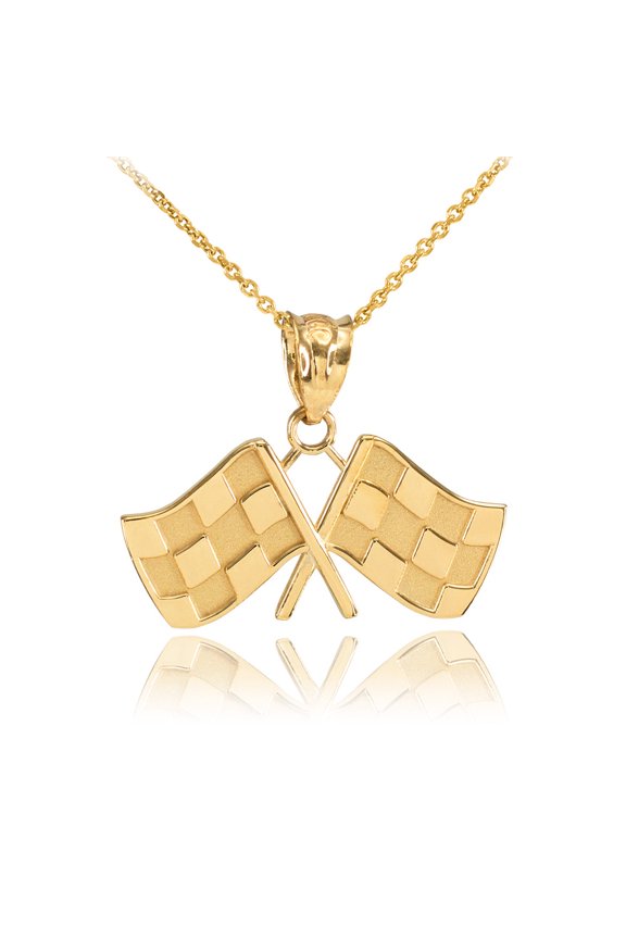 Solid Gold Racing Flags Pendant Necklace (10K Yellow Gold, Pendant with 16" chain)