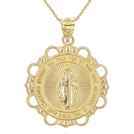 Solid Gold Round Saint Mary Pendant Necklace (10K Yellow Gold, Pendant with 20" chain)