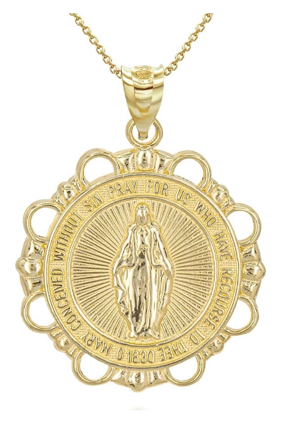 Solid Gold Round Saint Mary Pendant Necklace (10K Yellow Gold, Pendant with 20" chain)