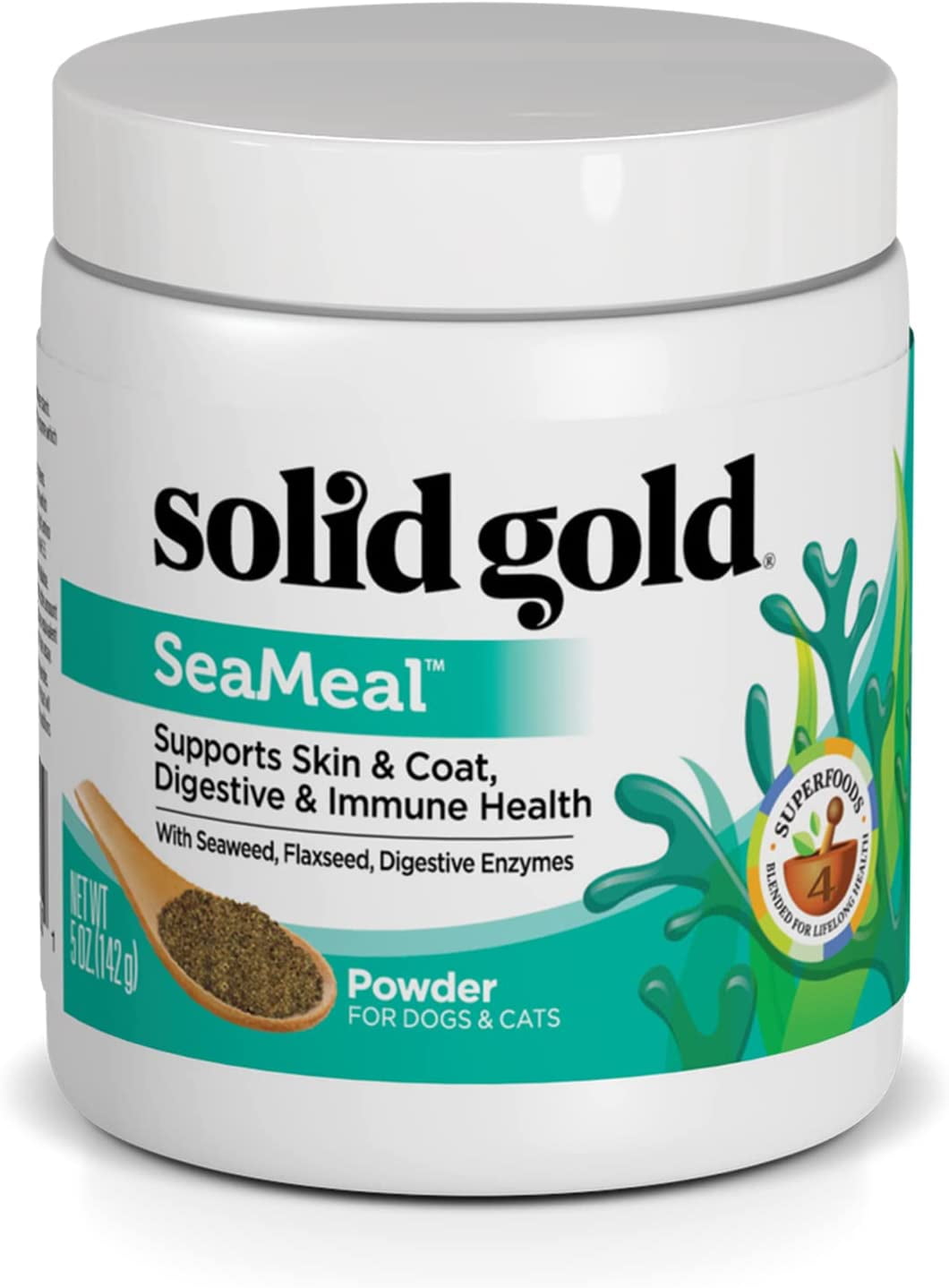 Solid Gold SeaMeal Multivitamin for Dogs & Cats - Grain Free Kelp Supplement - Digestive Enzymes for Dogs - Gut Health & Immune Support - Healthy Skin & Coat - Omega 3 & Superfood Powder - 5 oz