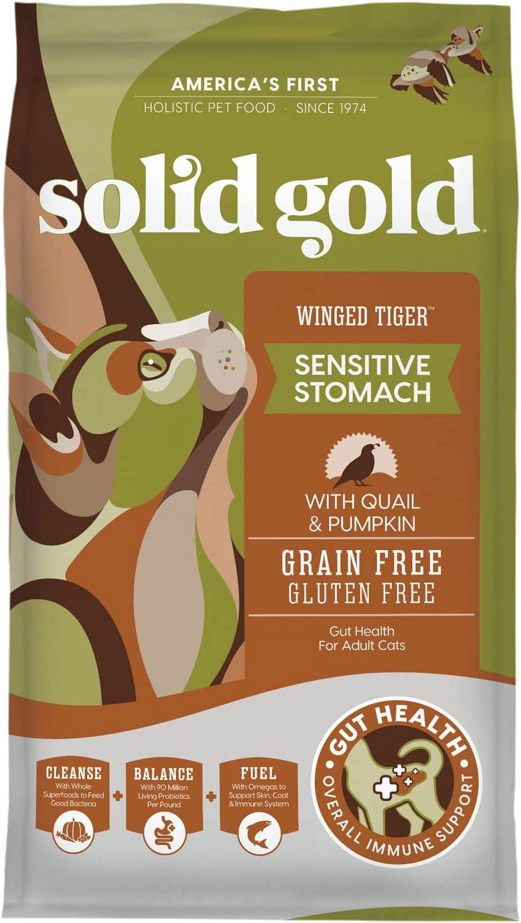 Solid Gold Sensitive Stomach Dry Cat Food - Made with Real Quail and Pumpkin - Winged Tiger Grain Free Cat Food for Adult and Senior Cats - Promotes Gut Health and Immune Support - 6 lb