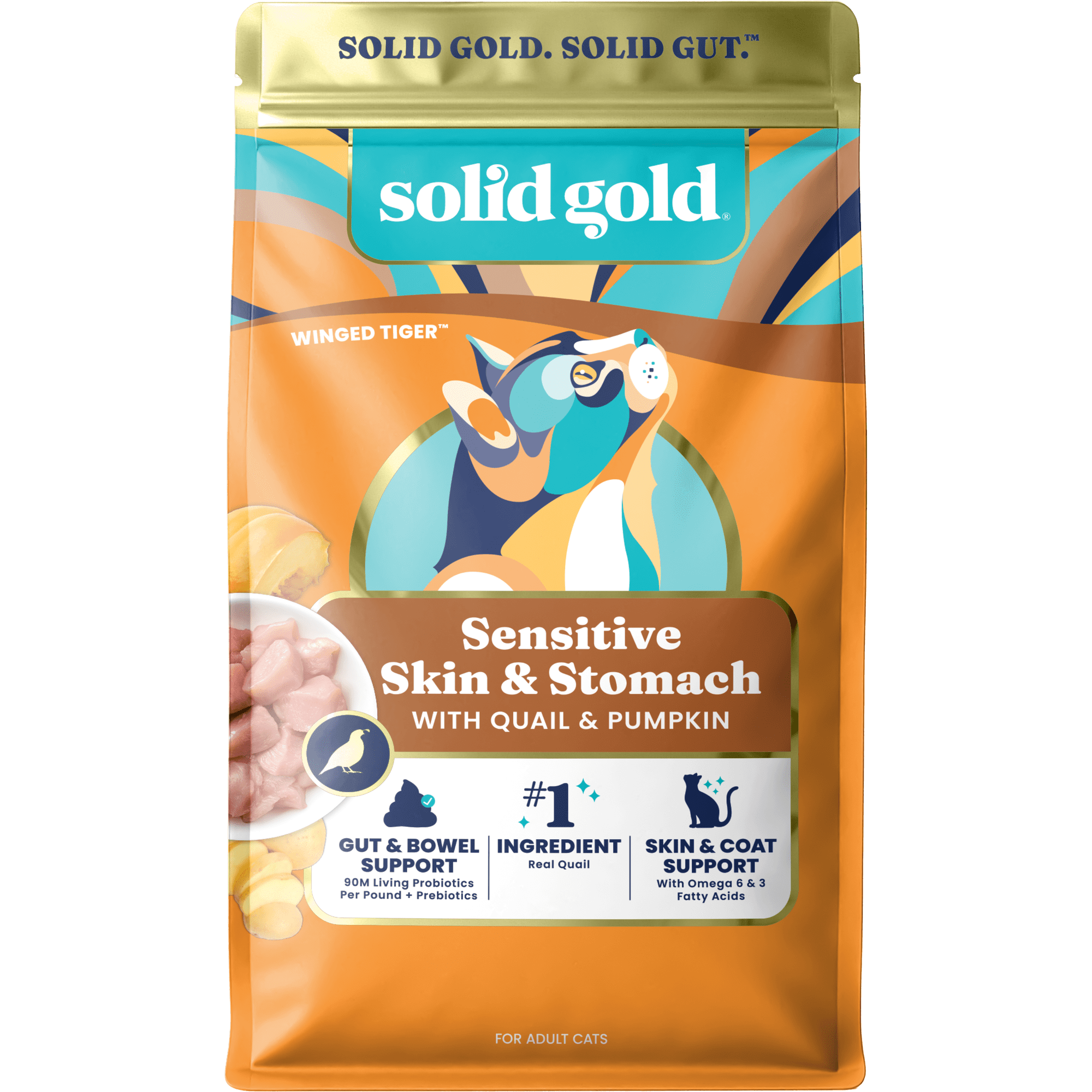Solid Gold Sensitive Stomach Dry Cat Food - Made with Real Quail and Pumpkin - Winged Tiger Grain Free Cat Food for Adult and Senior Cats - Promotes Gut Health and Immune Support - 6 lb