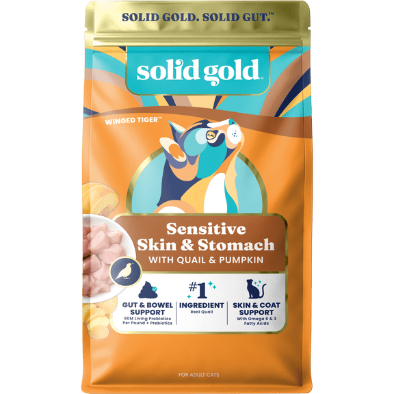 Solid Gold Sensitive Stomach Dry Cat Food - Made with Real Quail and Pumpkin - Winged Tiger Grain Free Cat Food for Adult and Senior Cats - Promotes Gut Health and Immune Support - 6 lb