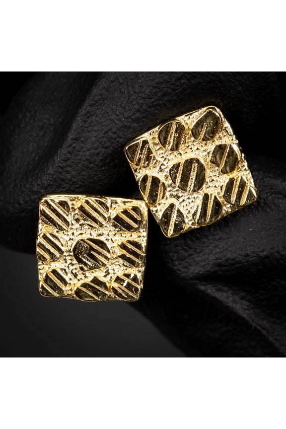 Square Shape 14K Yellow Gold Plated 925 Sterling Silver Screw Back Post Diamond Cut Retro 90's Hip Hop 9.5mm Solid Gold Textured Nugget Stud Earrings
