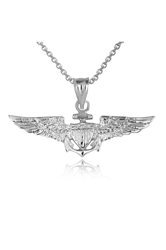 Solid Gold United States Navy Officially Licensed Shield Eagle Anchor Emblem (14K White Gold, Pendant with 16" chain)