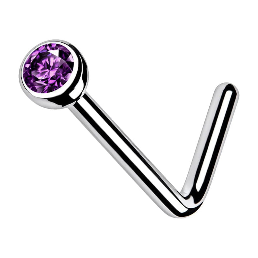 Solid Grade 23 Titanium Press Fit Cubic Zirconia Micro Ball Top L Bend Stud Nose Ring