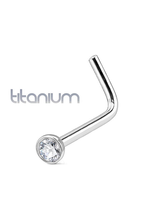 Solid Grade 23 Titanium Press Fit Cubic Zirconia Micro Ball Top L Bend Stud Nose Ring