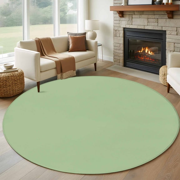 Solid Grass 8FT Round Area Rugs for Living Room Green Ultra-Thin Non-Slip Round Rugs Machine Washable Low Pile Circle Carpet for Bedroom Kitchen Nursery