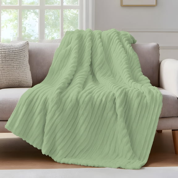 Solid Grass Throw Blanket for Couch Green Soft and Warm Flannel 3D Striped Fluffy Fuzzy Fleece Blanket Lightweight Throw for Bed, Sofa 30 x 40 Inches