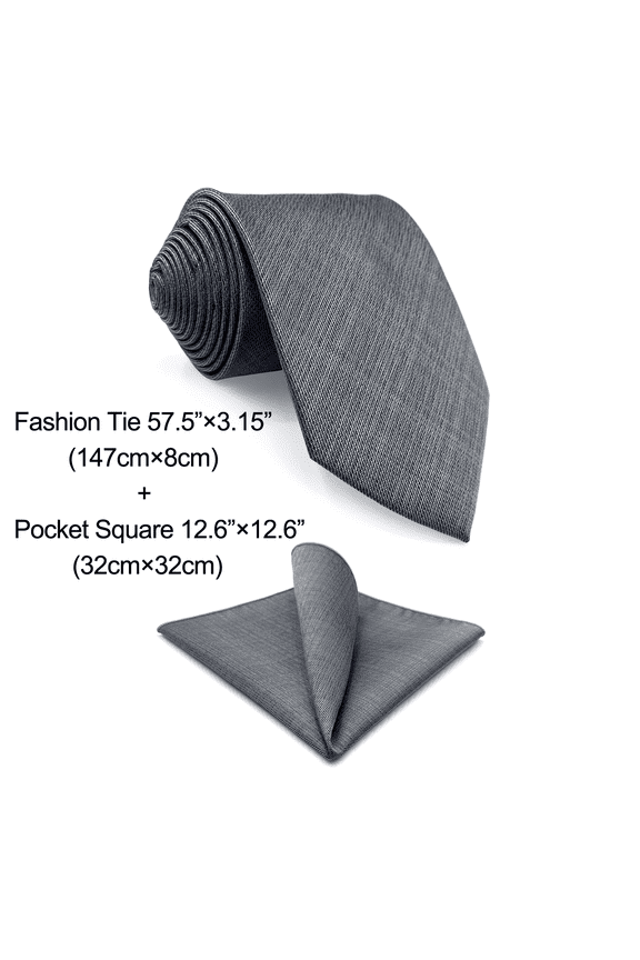 Solid Grey Mens Necktie Set Silk Ties with Matching Pocket Square