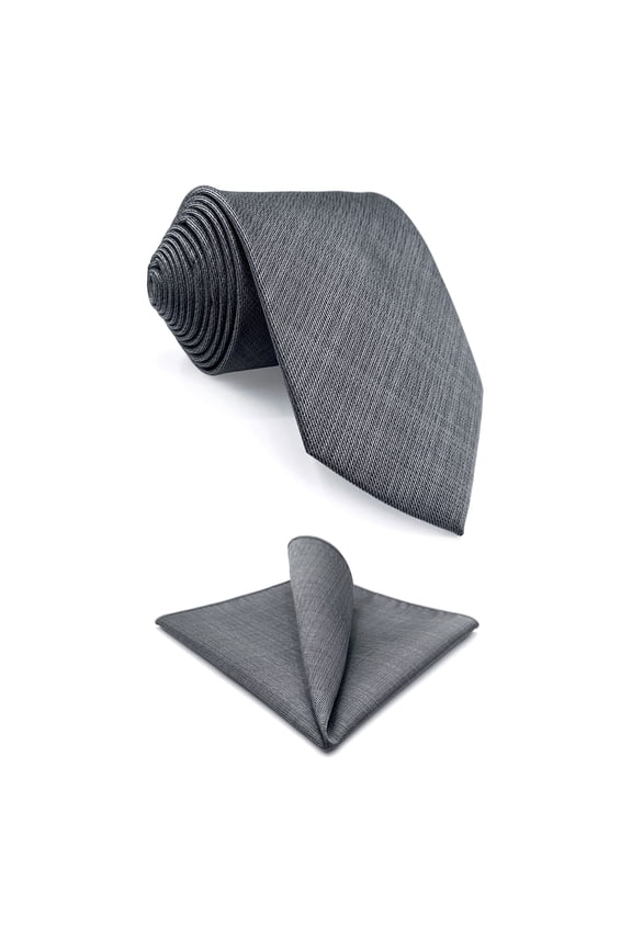 Solid Grey Mens Necktie Set Silk Ties with Matching Pocket Square