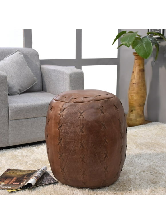 Solid Handmade Buffalo Leather Round Pouf (Fibre Fill) Brown Color 18"x18"x18"
