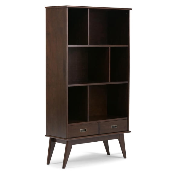 Solid Hardwood Bookcase - Mid Century Modern Style - 6 Shelves - 2 Drawers - Auburn Brown