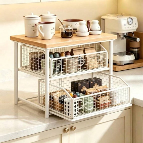 Solid Tech Countertop Solid Hardwood & Metal Double Layer Drawer-Type Countertop Organizer ...