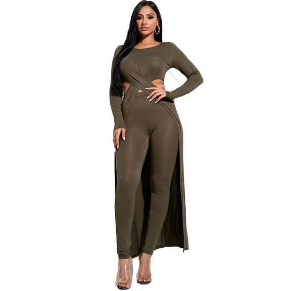 Solid Heavy Rayon Spandex Long Sleeve Crossed Over Long Top And Leggings 2 Piece Set