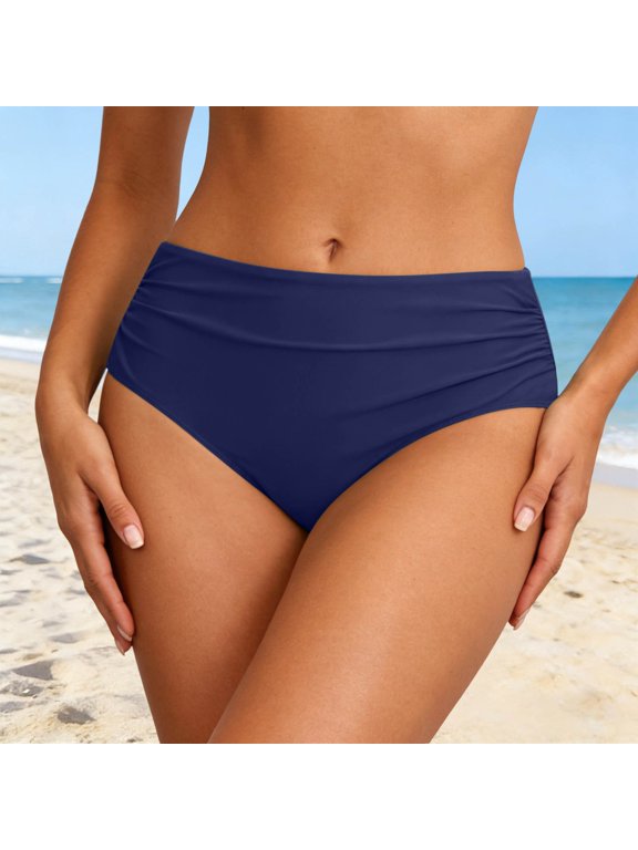 Solid High Waist Ruching Swim Bottoms Triangle Bikini Panties For Beach Pool Coverage Control Bathing Suit BottomNavyL