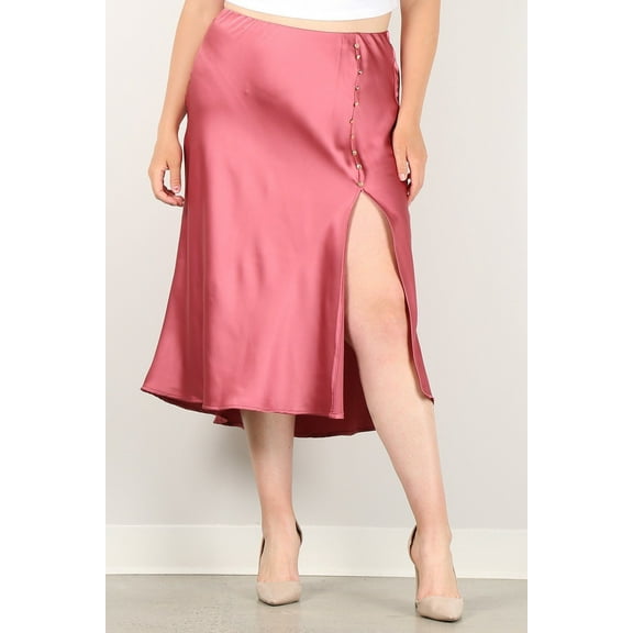 Solid High-waist Skirt With Button Trim And Side Slit