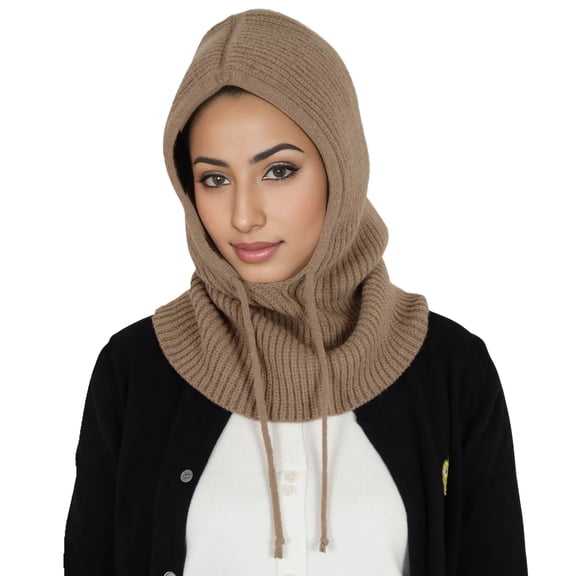 Solid Hooded Scarf Hat Winter Balaclava Knit Skull Cap Beanie Hat Neck Gaiters for Women- Khaki