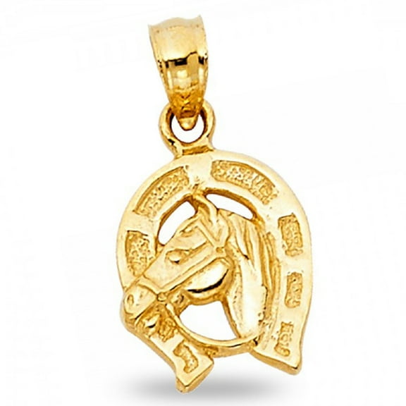 Solid Horseshoe & Horse Head Pendant 14k Yellow Gold Good Luck Charm Polished Genuine 12 x 10 mm