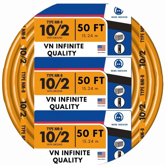 Solid Indoor 10/2 W/G NMB Cable Non-Metallic Residential Indoor Wire 50 ft Coil