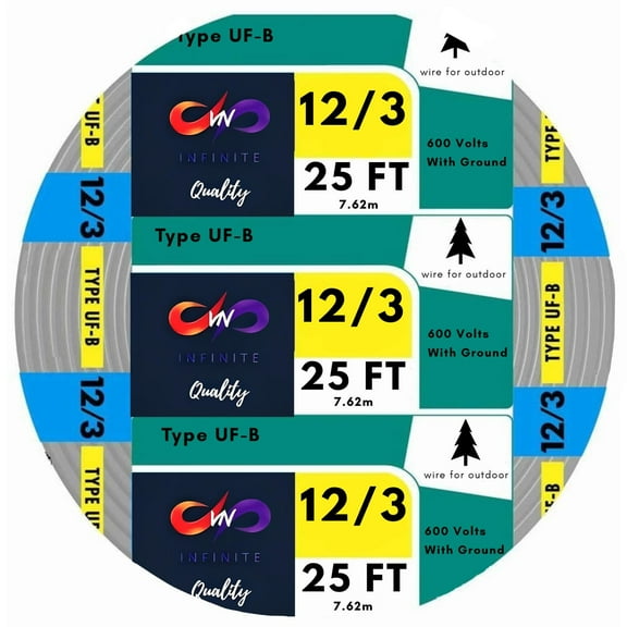 Electrical Wire 12/3 UF-B Underground Feeder and Branch Circuit Cable, Gray Cable Outdoor and Indoor Wire 25ft