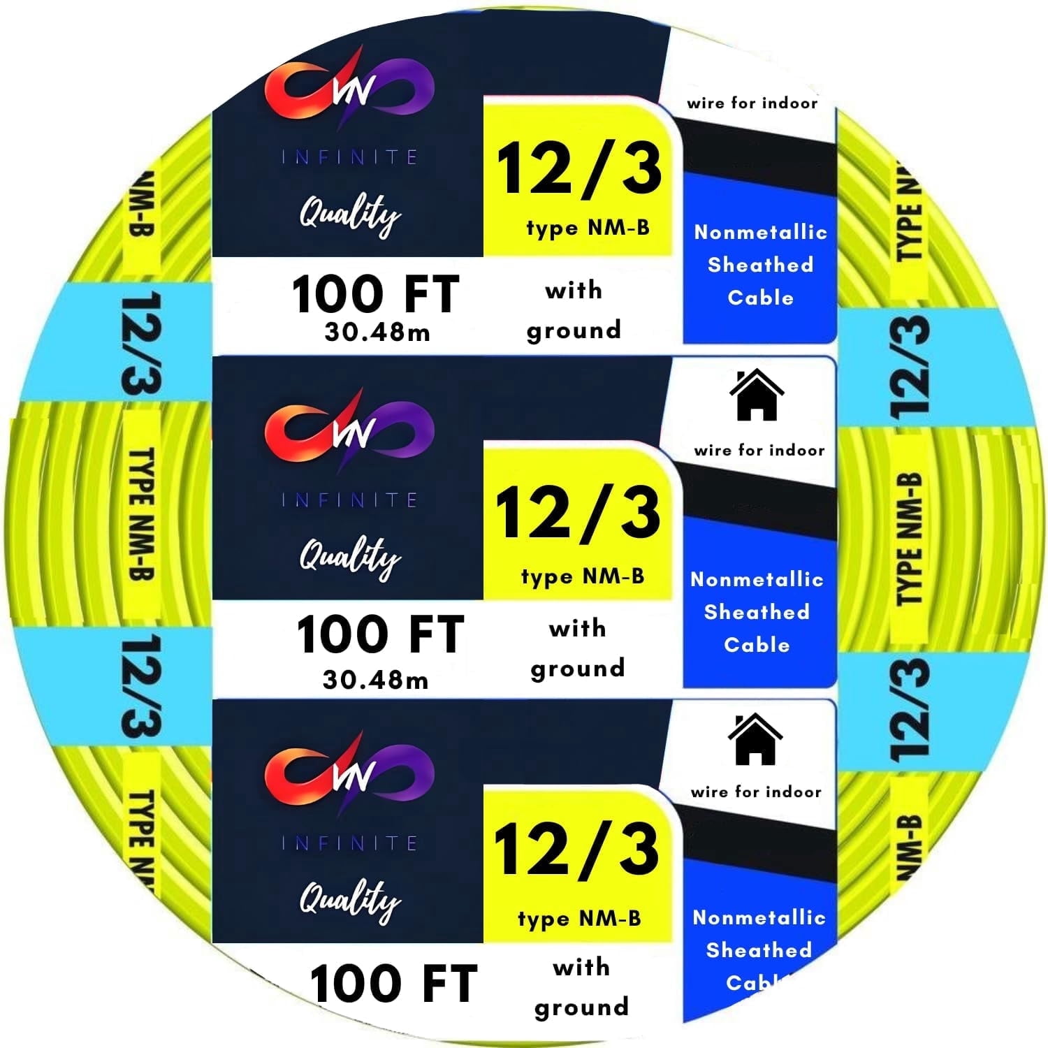 Solid Indoor Wire 12/3 W/G NMB Cable 100ft Coil - Residential Indoor Electrical Wire Type NM-B; Yellow SW