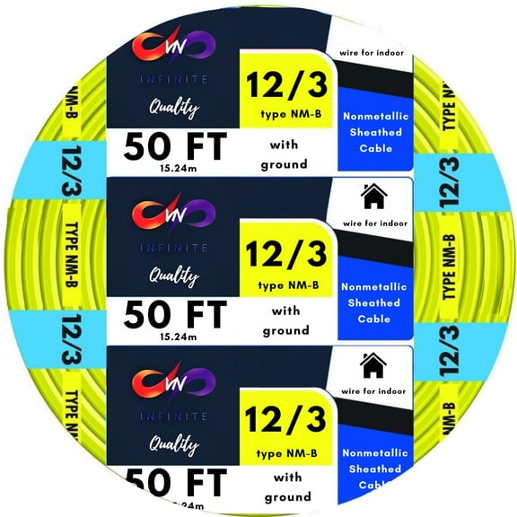 Solid Indoor Wire 12/3 W/G NMB Cable 50ft Coil - Residential Indoor Electrical Wire Type NM-B; Yellow SW