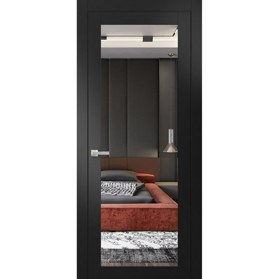 Solid Interior French 24 x 80 inches | Lucia 1299 Matte Black with Mirror | Single Regular Panel Frame Trims Handle | Bathroom Bedroom Sturdy Doors