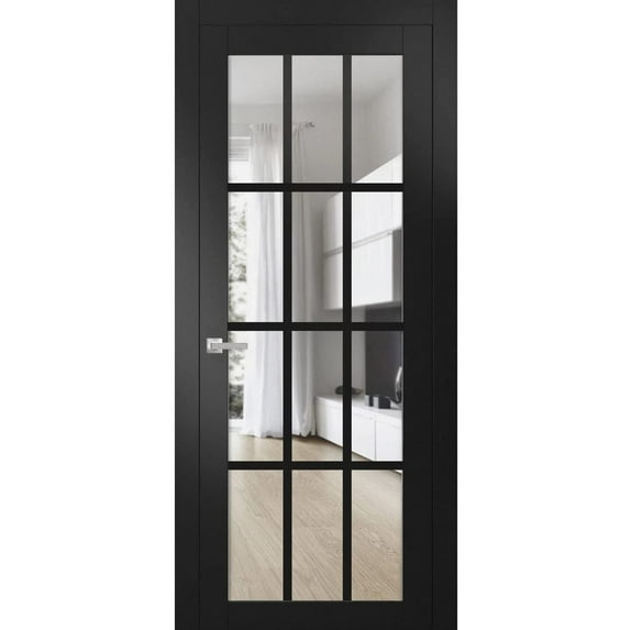 Solid Interior French | Felicia 3355 Matte Black with Clear Glass | Single Regular Panel Frame Trims Handle | Bathroom Bedroom Sturdy Doors