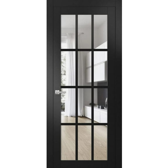 Solid Interior French | Felicia 3355 Matte Black with Clear Glass | Single Regular Panel Frame Trims Handle | Bathroom Bedroom Sturdy Doors
