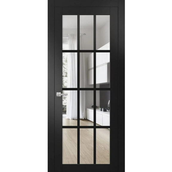 Solid Interior French | Felicia 3355 Matte Black with Clear Glass | Single Regular Panel Frame Trims Handle | Bathroom Bedroom Sturdy Doors